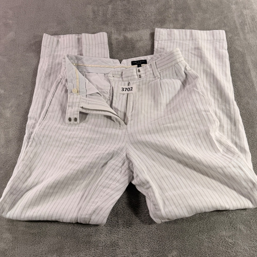 Rag & Bone Trousers Womens 2 White Striped Cotton Linen Blend Wide Leg Pants